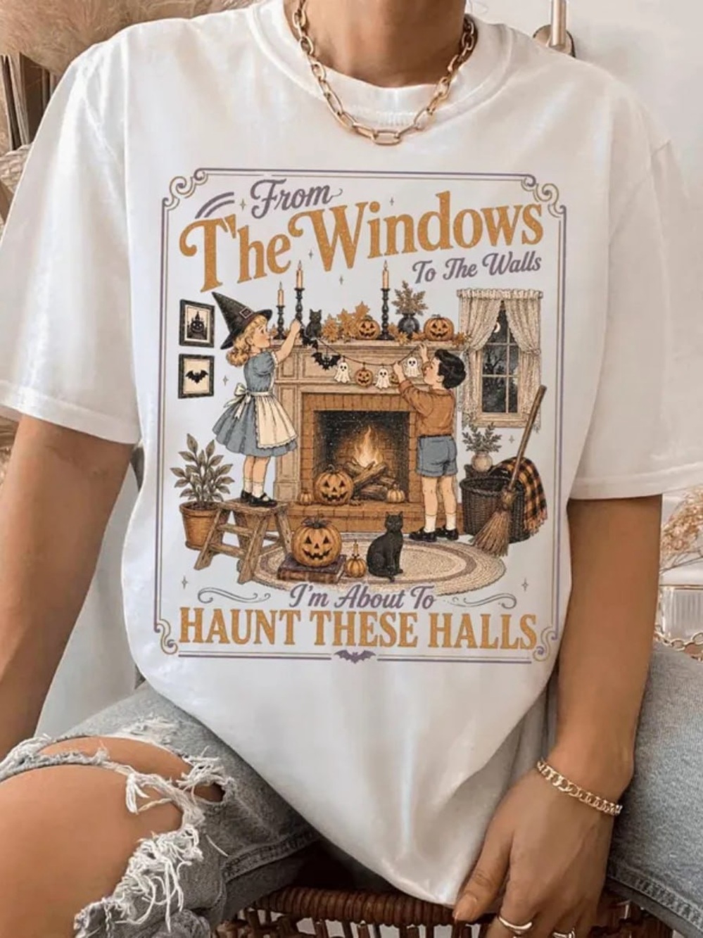 White Halloween Graphic Tee with Orange & Black Vintage Mantel Design